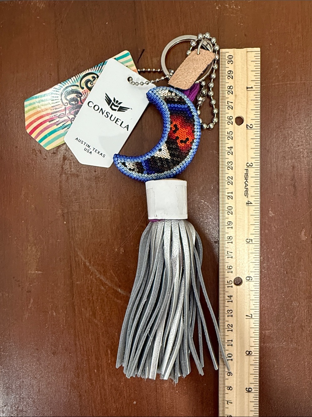 Consuela Silver leather Nova Tassel bag charm with beaded  Blue-Black Crescent